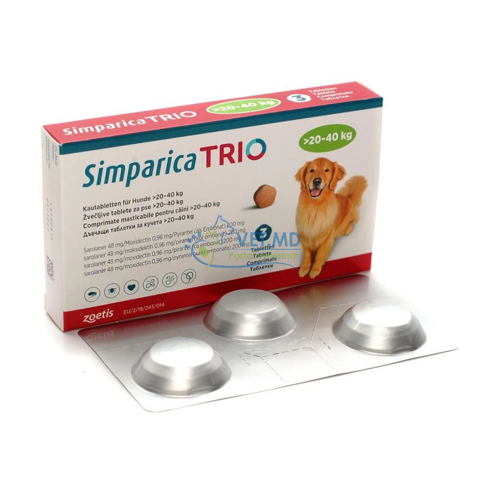 Simparica Trio 48 mg, 20,1-40 kg, 1 tabletă